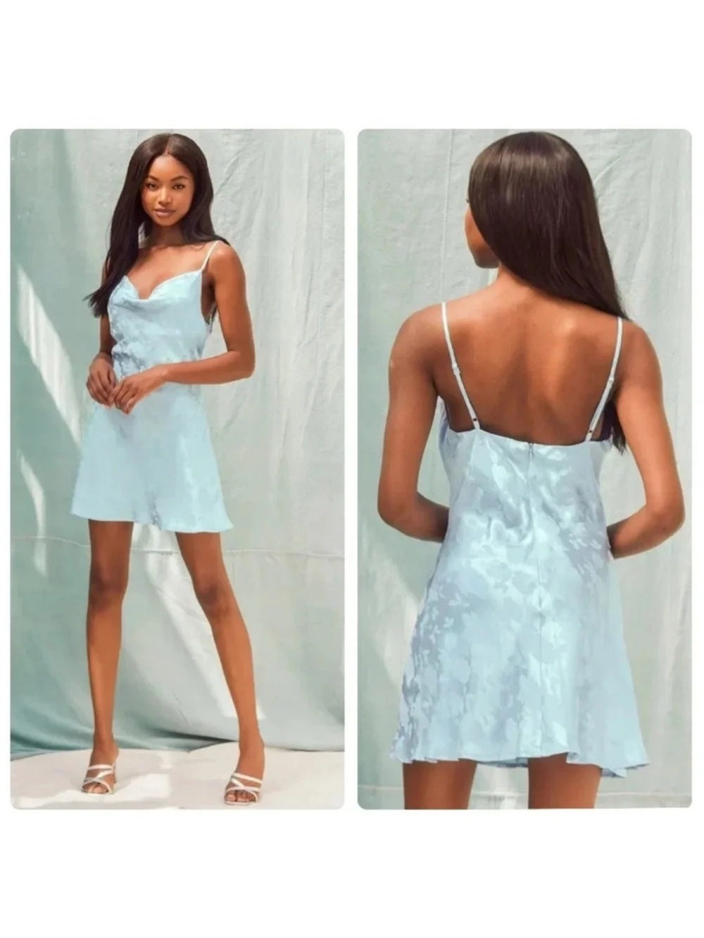 Lulus Close to Your Heart Dusty Blue Satin Jacquard Cowi Slip Dress Size L